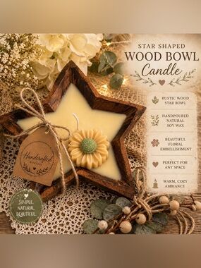 Star-Shaped Wooden Bowl Candle with Decorative Flower
